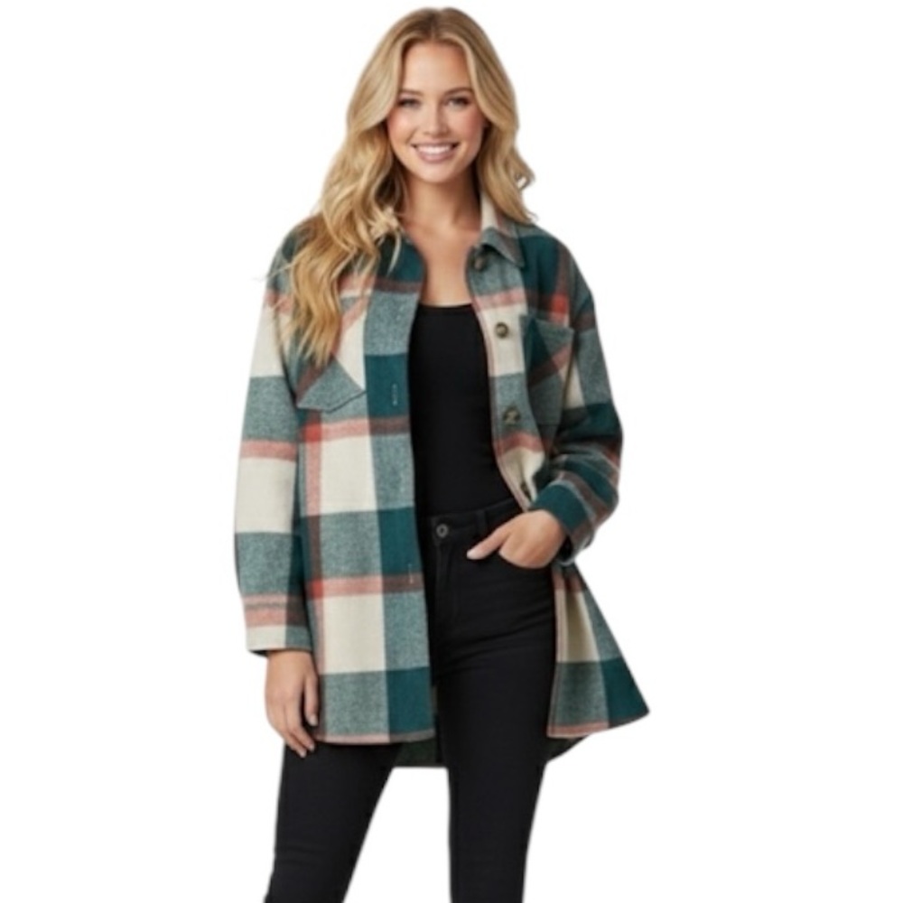 Stitch fix: VIGOSS Size: XS Oversized Teal Green Orange Plaid Shacket Flannel - Picture 3 of 15
